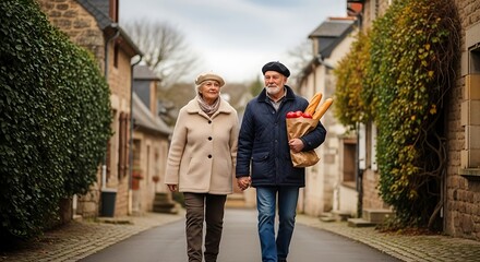 Happy senior couple holding hands while walking on a cobblestone street in a quaint European village after grocery shopping.
