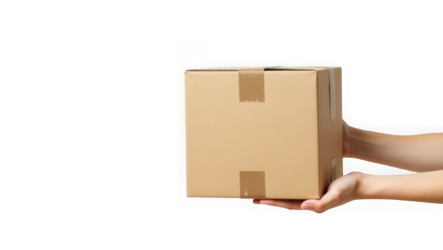 A pair of hands holds a closed brown cardboard box sealed with tape against a plain transparent