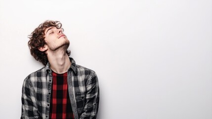 Fototapeta premium Banner. artistic young man, singer performing against white studio background with negative space to insert text. Concept of music, festivals, contemporary art, hobby, creativity. Ad