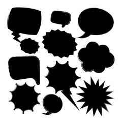 Grunge comic speech bubbles with brush strokes, ink smudges, acrylic stains or charcoal streaks. Hand drawn retro cartoon stickers. Chatting, message box. Vector illustration