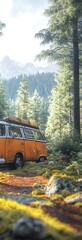 A vintage campervan is parked in a serene forest clearing, bathed in sunlight, mountains in the background