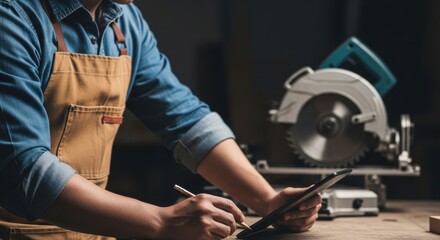 Craftsman Analyzing Project on Digital Tablet Next to Circular Saw