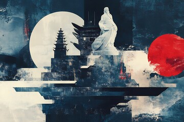 Abstract art depicting Asian architecture, a philosopher statue, and celestial elements, creating a serene, contemplative mood