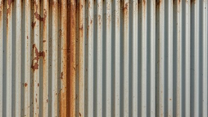 Vintage patch-covered silver corrugated metal fence texture with rust and damage details for background