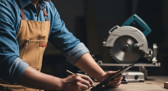 Craftsman Analyzing Project on Digital Tablet Next to Circular Saw