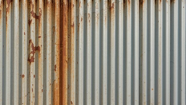 Vintage patch-covered silver corrugated metal fence texture with rust and damage details for background