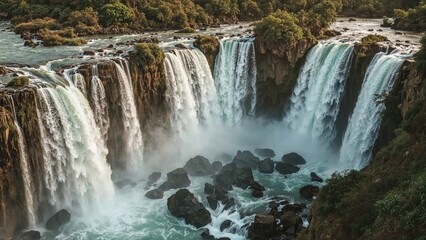 Obraz premium Iguazu Waterfall flowing with powerful cascades surrounded by lush greenery and rocky formations in a natural landscape setting