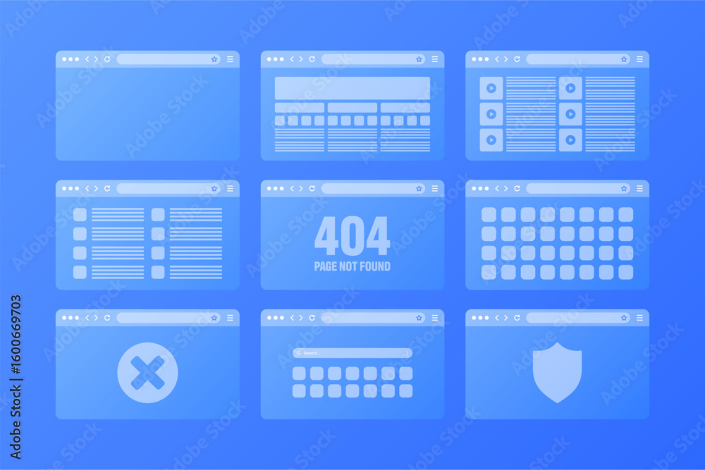 Fototapete Web browser window, transparent pages layout with toolbar and search field. Modern website, internet page. Browser mockup for computer, tablet and smartphone. Adaptive UI. Vector illustration