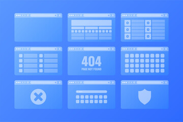 Web browser window, transparent pages layout with toolbar and search field. Modern website, internet page. Browser mockup for computer, tablet and smartphone. Adaptive UI. Vector illustration