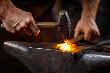 Blacksmith shaping metal at the forge during evening hours