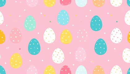 Seamless vintage vector illustration with cartoon Easter eggs, pink flowers, hearts, and strawberries, perfect for spring holiday wallpaper and decoration