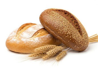 Freshly baked artisan bread loaves alongside golden wheat stalks on a white background, perfect for showcasing bakery products or wholesome food items