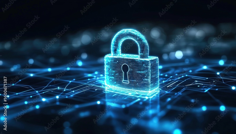 Poster a digital glowing padlock representing cybersecurity and data protection on a network grid with inte
