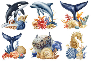 Watercolor marine animals with coral reef seashells dolphin whale seahorse orca and tropical fish set © Hanna
