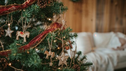 Softly focused close-up of a green Christmas tree decorated with ribbons, wooden toys, and a light garland in a Nordic-style living room interior.