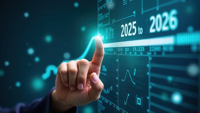 Progress and transition from 2025 to 2026 concept. A person pointing to loading bar transitioning from 2025 to 2026, progress, future planning, and new year goals. annual planning.