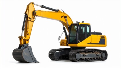 A yellow excavator perches atop a mound of dirt, symbolizing raw power, transformation, and the relentless drive of construction.