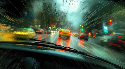 Rainy city street view from a car