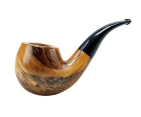 Elegant wooden smoking pipe with a glossy black stem captured in detailed macro shot on transparent background