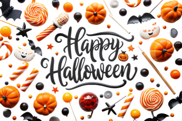 A vibrant collection of halloween treats and decorations including pumpkins bats ghosts lollipops and candy corn arranged around the words happy halloween isolated on