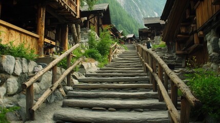 Wooden steps ascend through a mountain village