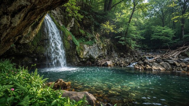 A waterfall formed by the outflow of a subterranean river.