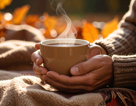 Hands Holding Coffee Outdoors in Autumn
