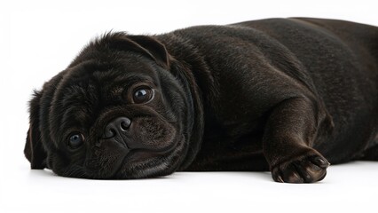 Obraz premium A solitary black pug reclining against a white background