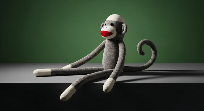 A sock monkey toy with a red mouth and glasses sits on a gray surface against a green background, casting a shadow.