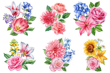 Watercolor floral bouquets set with roses tulips lilies dahlias sunflowers chamomiles and blue flowers botanical clipart