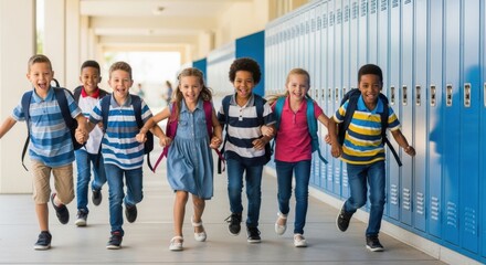 Happy diverse group of elementary school children running down a school hallway with backpacks