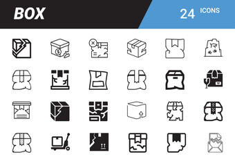 Box Icon Set: An icon set illustrating various box and packaging designs, perfect for digital interfaces and graphic resources. 