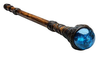 Ancient wooden magic staff with glowing faceted blue gemstone tip and enchanted fantasy design on transparent background