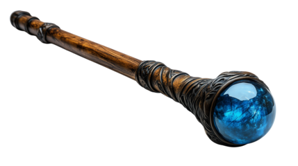 Ancient wooden magic staff with glowing faceted blue gemstone tip and enchanted fantasy design on transparent background