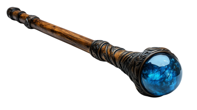 Ancient wooden magic staff with glowing faceted blue gemstone tip and enchanted fantasy design on transparent background