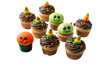 A group of assorted halloween themed cupcakes decorated with spooky faces pumpkins and colorful sprinkles sit on a transparent background