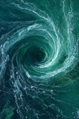 Swirling waters converge, creating a captivating vortex of blues and greens in the ocean's heart.