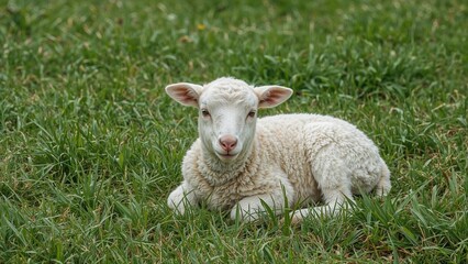 Obraz premium Napping lamb positioned on the field, pastoral beast