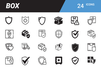 Secure Box Icons: A collection of 24 meticulously crafted icons depicting various aspects of a protected package, perfect for conveying security and protection.