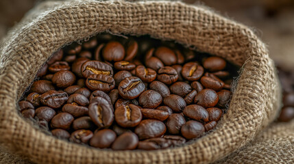 A close-up view reveals the deep brown hues of freshly roasted coffee beans snugly stored in a burlap sack. The soft studio light enhances the organic textures, inviting the senses