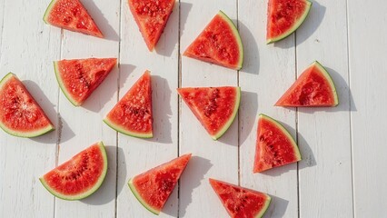 Fototapeta premium Pieces of juicy watermelon arranged on a pale wooden table