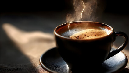 A steaming cup of coffee on a dark surface, exuding warmth and comfort, perfect for inviting moments of relaxation or inspiration.