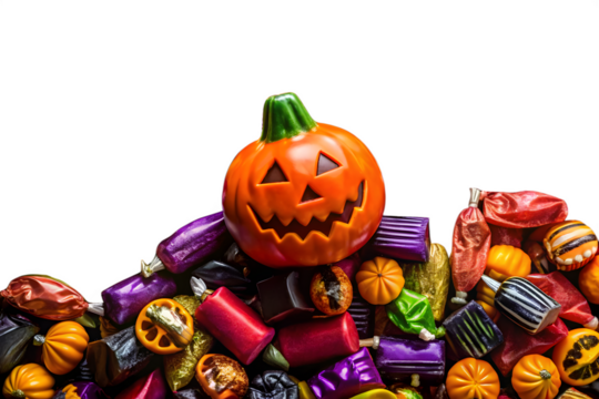 A grinning jackolantern sits atop a colorful mound of assorted halloween candies and treats on a transparent background
