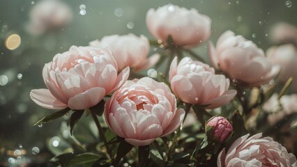 Rain-kissed pale pink flowers with a soft focus