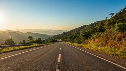 Bright sunny day on a sloping mountain road