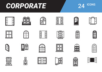 Set of Window Icons: A comprehensive collection of 24 corporate window icons, meticulously crafted in a sleek, minimalist design, ideal for a range of architectural and design applications.
