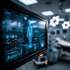 Obraz premium A futuristic digital screen in a hospital room displaying a 3D model of human anatomy with vital signs and data charts