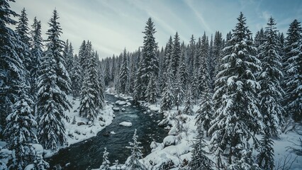 Winter scenery featuring a stream and evergreen trees