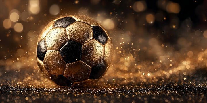 A stunning close-up of a shimmering golden soccer ball surrounded by a magical blur of sparkles, evoking feelings of excitement and triumph in sports.