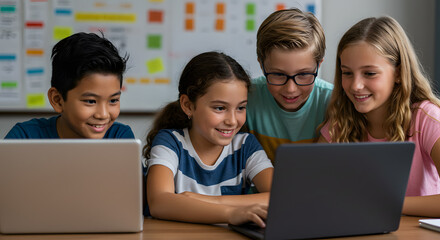 Diverse happy school kids using laptop computer together in classroom. Multicultural children junior students classmates learning online elementary education program class gathered at desk.